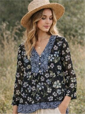 J.Jill Black Blue Floral Lace Print Button Front Boho Tunic Sheer Flowy Top XL